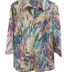 ALIA Colorful Abstract Crinkle Print Button Down Blouse - Shirttail Hem - Sz 16W